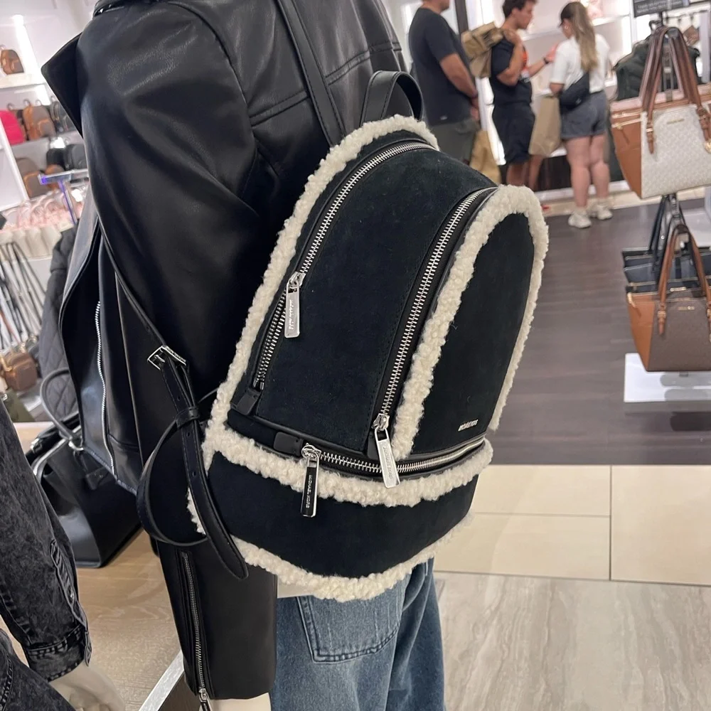 MICHAEL KORS Rhea Medium Suede and Faux Shearling Backpack Black NWT